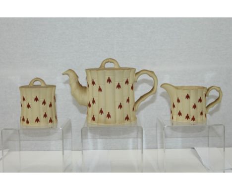 Wedgwood primrose Jasper ware bamboo three piece tea set - comprising teapot, milk jug and sugar pot - all stamped on undersi