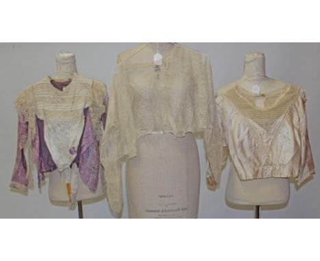 Five Victorian / Edwardian bolero tops in silk with lace, satin and lace, allover lace, cotton and lace and black satin silk 