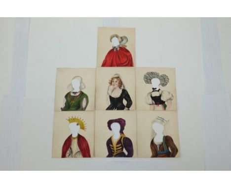 Mid-19th century set of watercolour disguise cards - comprising half-length portrait master card indistinctly inscribed verso