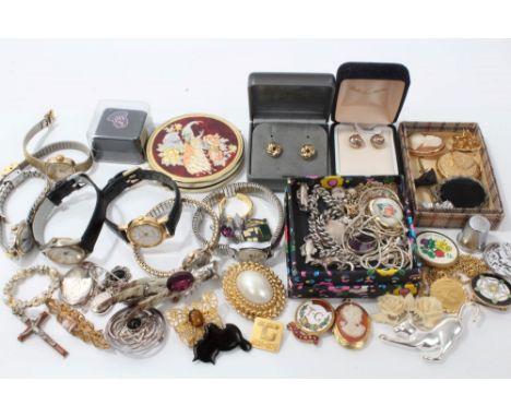 Group of vintage costume jewellery - including wristwatches, compact and silver charm bracelet