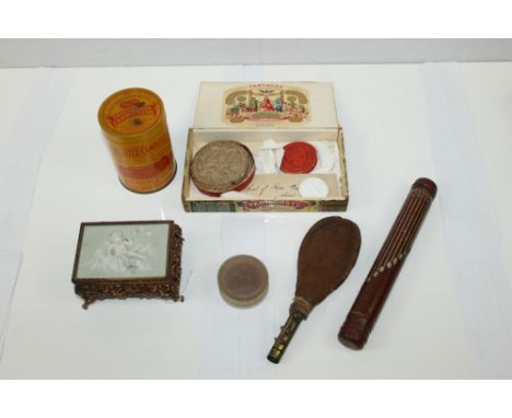 Victorian gilt metal and porcelain jewel casket, shot flask, tinplate calculator, rule, seals and sundries