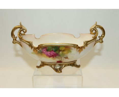 Ethel Spilsbury, for Royal Worcester - centrepiece of oval form, hand painted with pink roses on a blush ground signed Spilsb