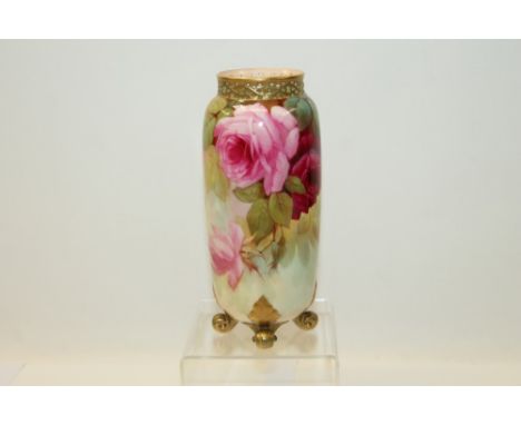Walter Sedgley, for Royal Worcester - vase of cylindrical form hand painted with pink roses on a blush ground signed Sedgley,