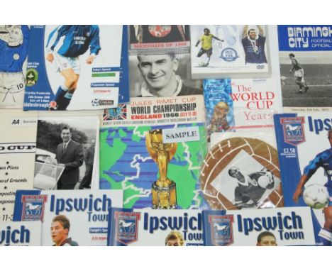 Football programmes 1966 World Cup Final, plus ticket, 1956 Final Tie ticket, signed Jackie Milburn photograph, Ipswich Town 