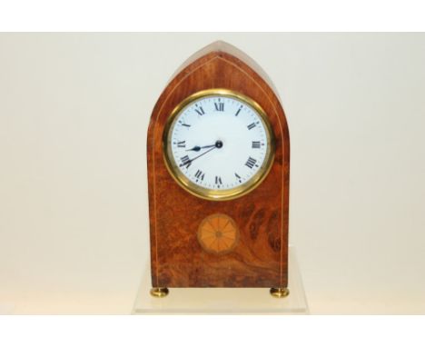 Edwardian mantel clock with French movement and cylinder escapement, white enamel dial with Roman numerals in a burr wood lan