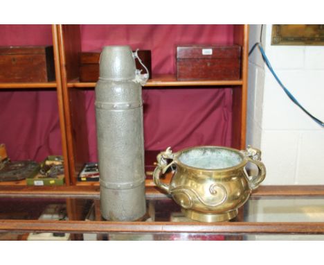 Old Chinese brass pot with dragon handles and a 1930s pewter Thermos flask (2)
