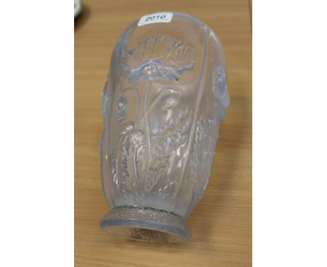 Early 20th century Art Nouveau opaline glass vase of tapered form, decorated in relief with flowering poppies on textured foo