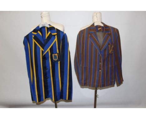 Two vintage striped wool blazers and gentlemen's black wool morning suit with tail, jacket, pinstripe trousers and grey waist