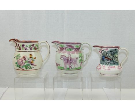 Three 19th century lustre jugs - one decorated with a hunting scene