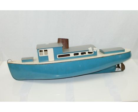 Scratch-built live steam model of a boat - wooden construction, blue and white livery, copper boiler (untested)