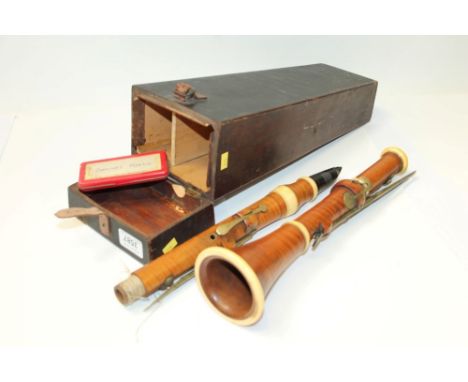 Old ivory mounted birch clarinet, by Bilton, 93 Westminster Bridge Road, London, with reeds, in a wooden case