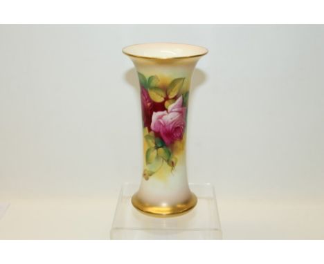 Millie Hunt for Royal Worcester - spill vase of cylindrical form, with flared rim, and hand painted with pink roses on a blus