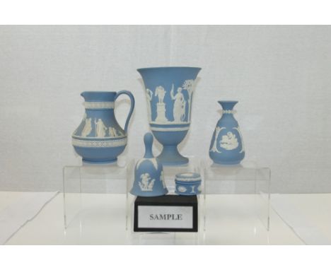 Group of blue Wedgwood Jasper ware - including large bowl, vases, jug, bell and trinket pot