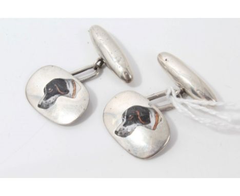 Pair white metal cufflinks with enamel dog-head decoration, in leather Garrard box