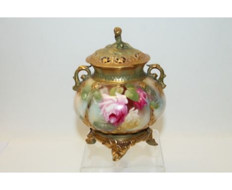 Royal Worcester pot pourri vase and cover, hand decorated with pink roses on blush ground. Printed marks to base Royal Worces