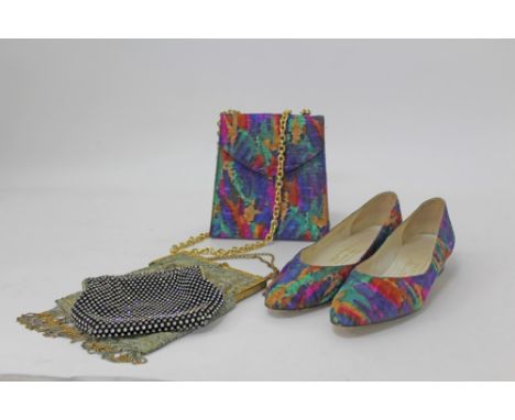 Designer handbag and shoes, by Bruno Magli, in colourful silk, shoes size 37, also two vintage evening bags - one with micro-