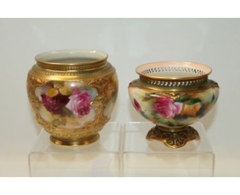 Royal Worcester jardinière with reticulated rim raised on a pedestal foot together with another Royal Worcester jardinière, b