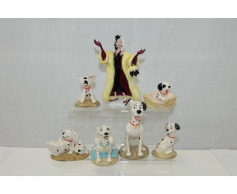 Group of seven Royal Doulton Disney's 101 Dalmatians figures - to include Cruella De Vil, Pongo, Perdita, Lucky, Penny, Patch