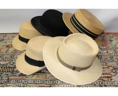 Gentlemen's vintage hats including black bowler hat by Lincoln Bennett, straw boater by Henry Taylor, Panamas plus six tweed 