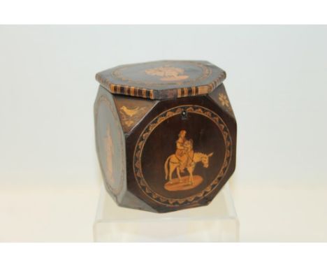 Late 19th / early 20th century Sorrento ware locking tea caddy of square form, with canted corners and inlaid decoration (key