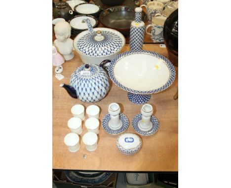 Selection of Russian Lomonosov cobalt-blue net pattern porcelain - including candlesticks, teapot, tureen and cover, etc (8 p