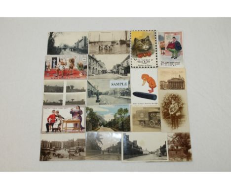 Postcards - loose in shoebox - including real photographic street scenes including local towns, Great Yarmouth Lifeboat Crew,