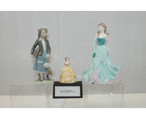 Four Coalport figures - With Thanks, Harriet, Josephine and Alice, Lladro figure of a girl with doll, two Nao geese and other