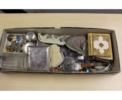 Vintage white metal mesh purse, three wristwatches, two silver cigarette cases, silver vesta case and bijouterie
