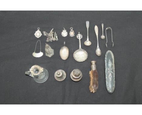 Collection of miscellaneous silver - including Chinese silver miniature pagoda, whisky tot, two automobile badges, two pepper