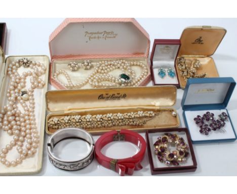 Vintage costume jewellery - including simulated pearl necklaces with earrings, paste set brooches and white enamel bangle