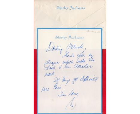 Shirley Maclaine undated ALS thanking the correspondent (who worked as a dresser in the film industry) for her straps 'which 