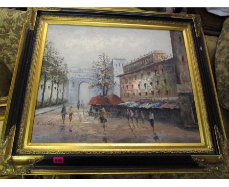 R Damey - a French street scene, oil on board, framed in a gilt and black frame 