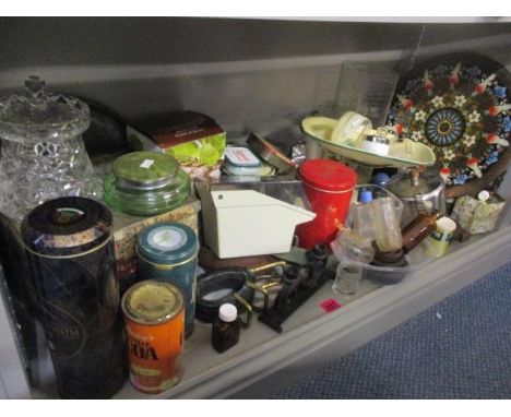 A mixed lot to include an emerald dressing table jar, perfume bottles, vintage scales and other items 