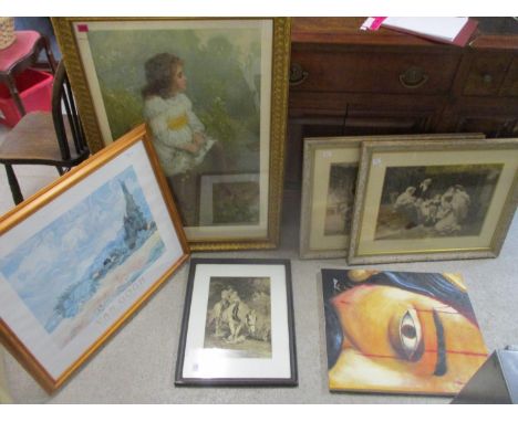 Victorian and later prints to include a pair of garden scenes, 14" x 19", a portrait of a girl, 33" x 22", framed and glazed,
