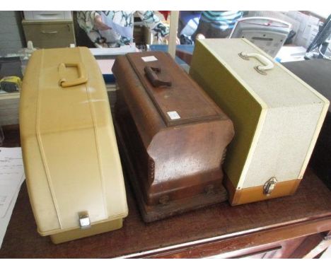 Three sewing machines to include an electric example, together with two manual ones, one with a wooden case 