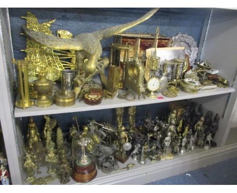 A mixed lot of mainly metalware to include a large brass edge barometer, metal military figures and other items
