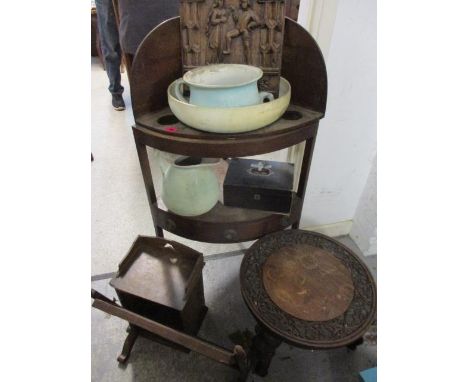 A Georgian corner wash stand A/F, china washstand items, a small mahogany cupboard A/F, a jewellery box, a swing mirror and a