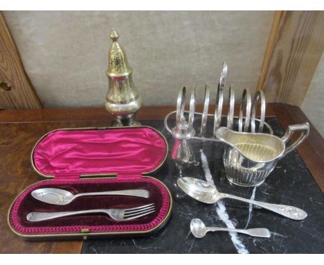 Silver to include a fork and spoon, christening set boxed, a pepper and a mustard spoon, together with silver plate 