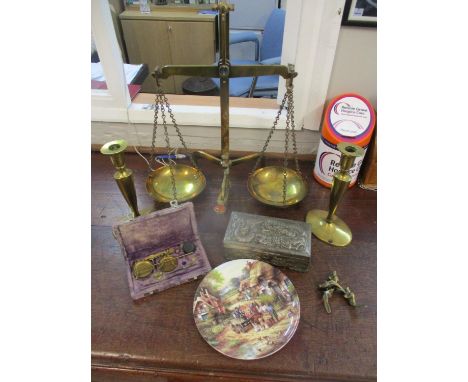 A mixed lot to include a late Victorian brass balance scales, a pair of brass candlesticks, a Chinese box and other items 