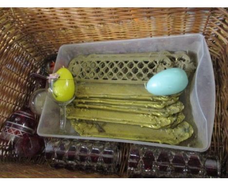 A group of brass door finger plates, a quantity of glassware to include a Chinese paperweight and two retro vases in a wicker