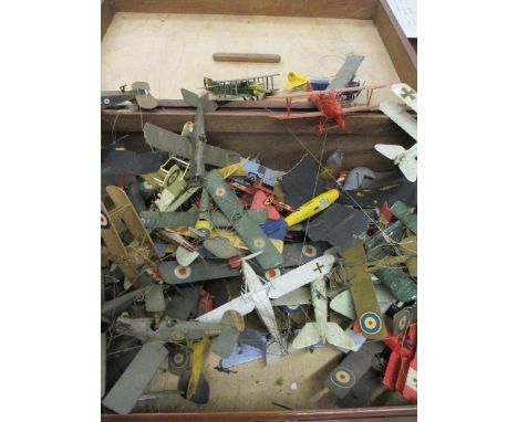 A quantity of small scale Airfix model World War II aircraft contained within a mahogany case 