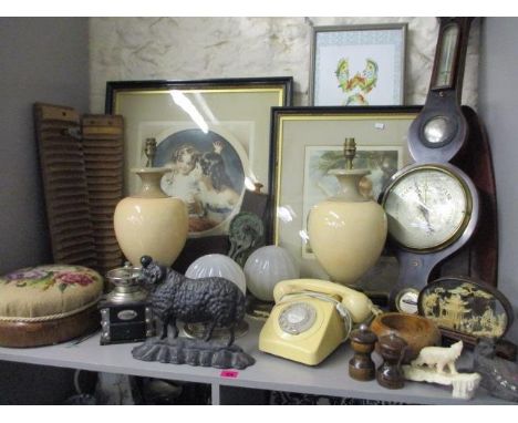 An early 19th century barometer, mixed prints, a pair of crackle glazed ceramic lamps, 