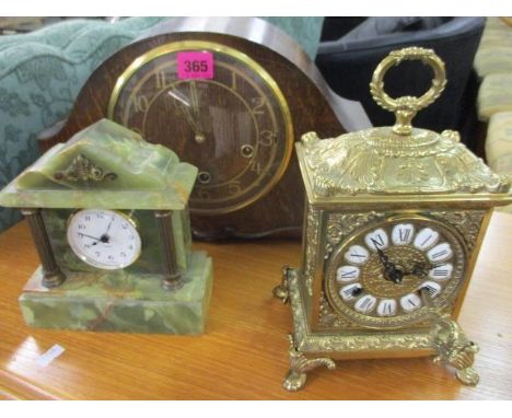 A green onyx mantle clock, together with a gilt mantle clock and an oak cased mid 20th century mantle clock 
