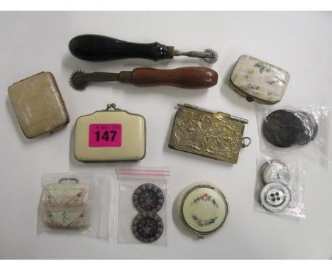 A group of items to include enamel buttons, pie crimpers, purses, an enamel compact and other items