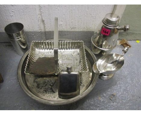 Mixed silver plated items to include an embossed tray with handle, a hip flask and other items 