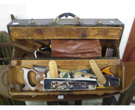 Two early 20th century, black painted pine tool boxes, containing tools 