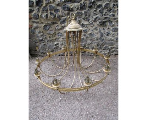 A brass effect ceiling light with ten light fittings 