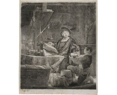 Rembrandt Harmensz. van Rijn -- Jan Uytenbogaert, der Goldwäger. Radierung. 25,1 x 20,7 cm. 1639. B. 281, White/Boon (Hollste