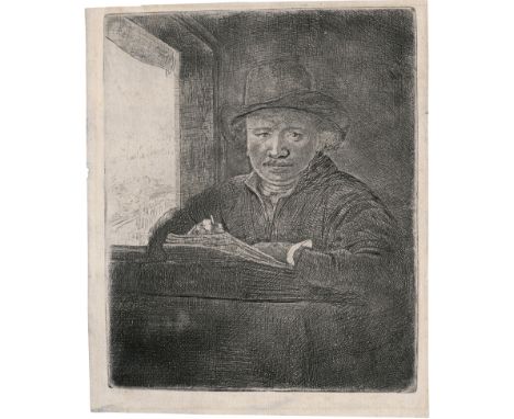 Rembrandt Harmensz. van Rijn -- Selbstbildnis am Fenster, zeichnend. Radierung. 15,6 x 12,9 cm. 1648. B. 22, White/Boon (Holl