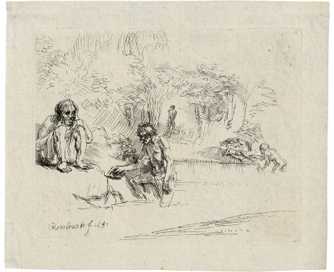 Rembrandt Harmensz. van Rijn -- Die badenden Männer ("De zwemmertjes"). Radierung. 10,9 x 13,7 cm. 1651. B. 195, White/Boon (